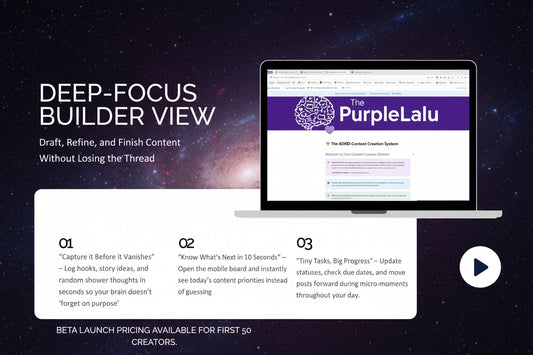 Laptop displaying the PurpleLalu website with text about deep-focus builder view on a blue and purple gradient background.