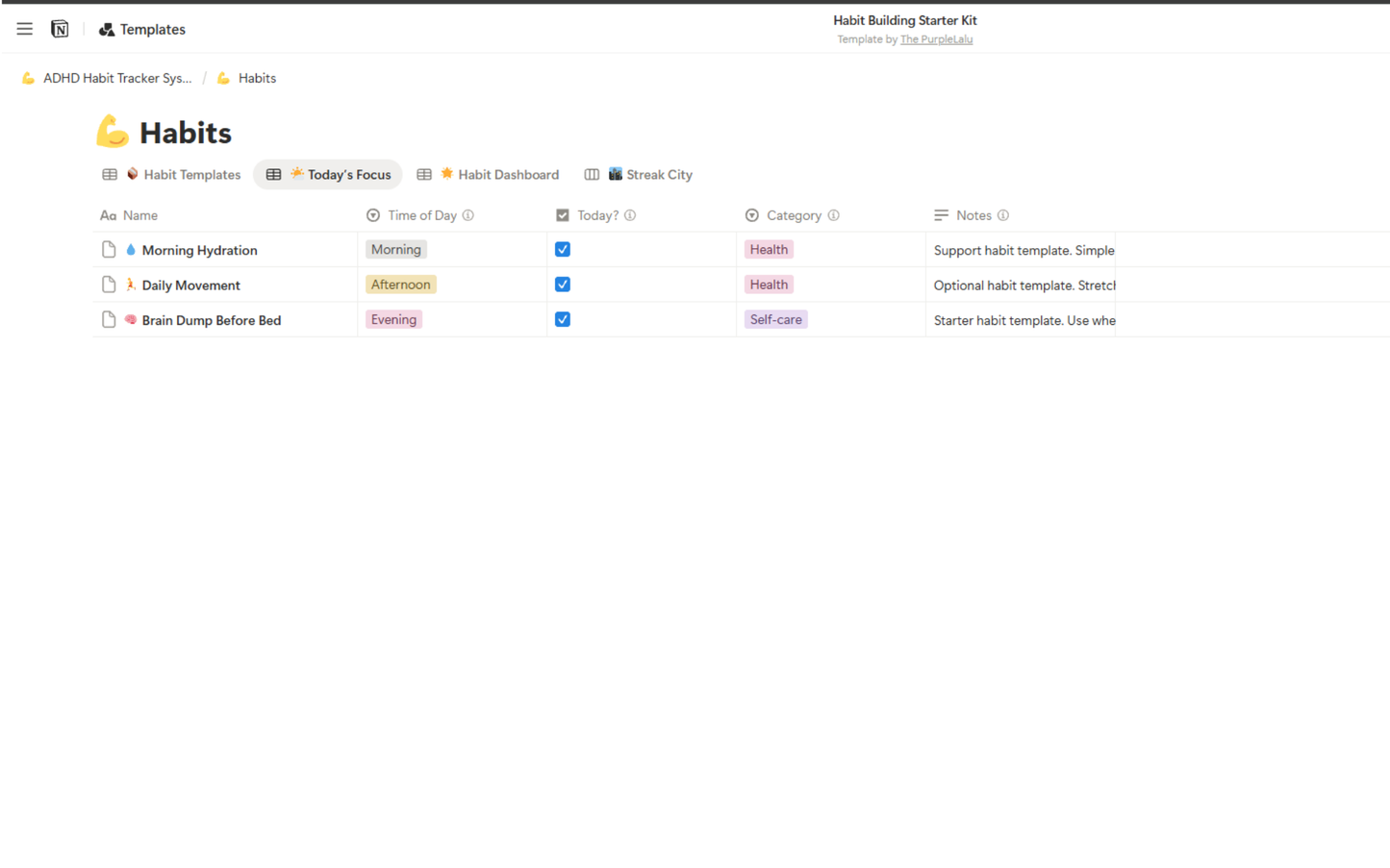 Screen capture of a habit tracking database on the Today's Focus view on a computer screen