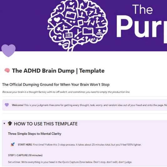 Website page with 'The PurpleLalu' logo and text about an ADHD brain dump template.