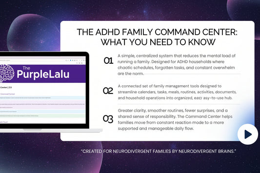 Promotional graphic for The ADHD Family Command Center with a computer screen displaying 'PurpleLalu' on a blue and purple gradient background.