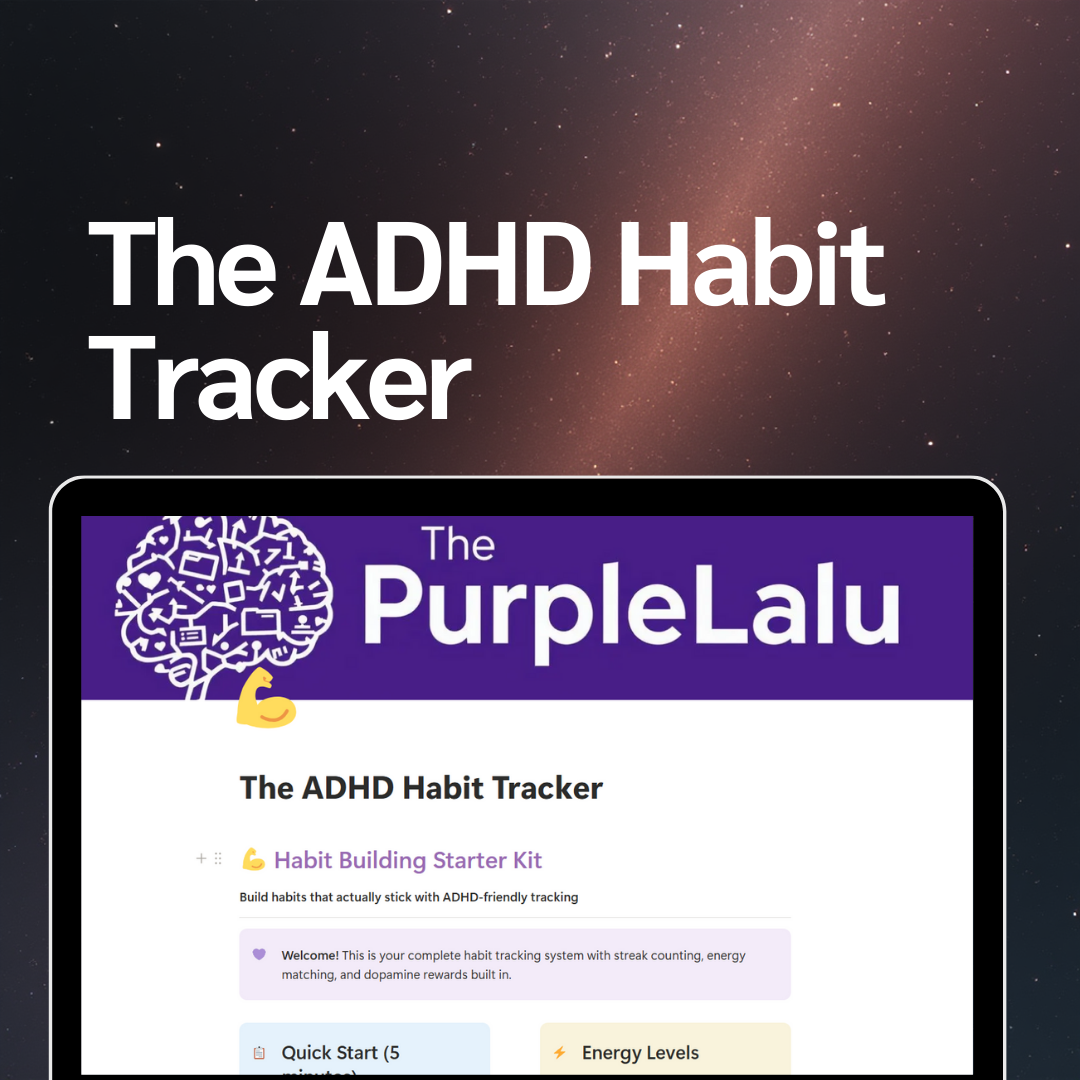 ADHD Habit Tracker Notion template cover with purple galaxy branding