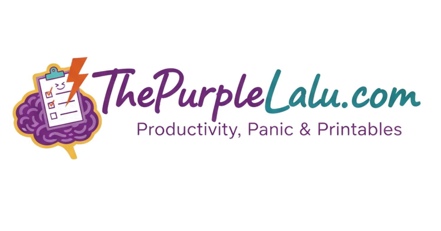 Logo for ThePurpleLalu.com featuring a purple brain with a checklist and orange lightning bolt, accompanied by stylized script of the website name and the tagline: Productivity, Panic & Printables
