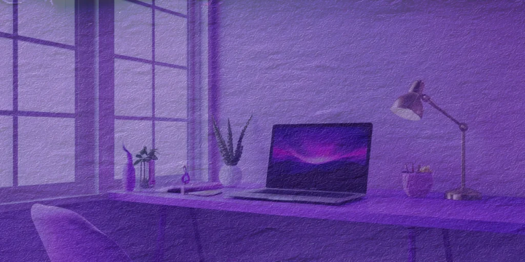 Purple-themed workspace with laptop and plants and expresses automation and workflows for freelancers with its minimalistic vibe