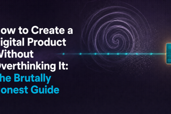How to create a digital product -- a glowing teal product emerges from a perfectionism spiral along a straight launch path, representing finally shipping instead of overthinking