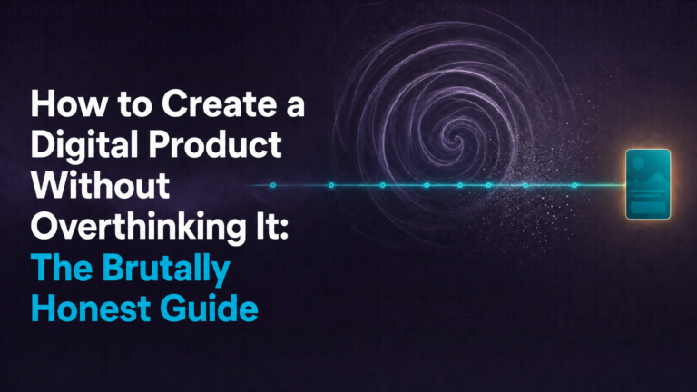 Adhd Productivity Blog 42 How to create a digital product -- a glowing teal product emerges from a perfectionism spiral along a straight launch path, representing finally shipping instead of overthinking