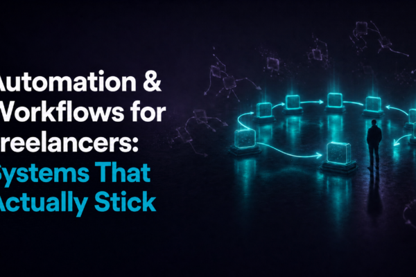 A lone figure standing in a dark environment surrounded by glowing teal workflow nodes connected by illuminated arrows -- representing a freelancer navigating automated systems and workflows that actually make sense
