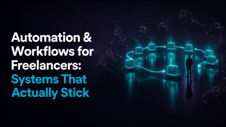 Adhd Productivity Blog 40 A lone figure standing in a dark environment surrounded by glowing teal workflow nodes connected by illuminated arrows -- representing a freelancer navigating automated systems and workflows that actually make sense
