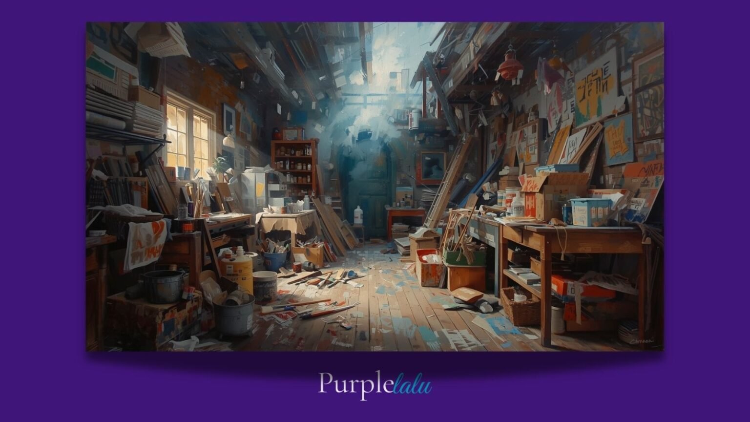 Artist studio with scattered supplies