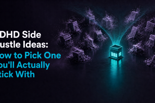 ADHD side hustle ideas -- one glowing storefront stands lit among abandoned businesses, representing finally picking one idea and sticking with it