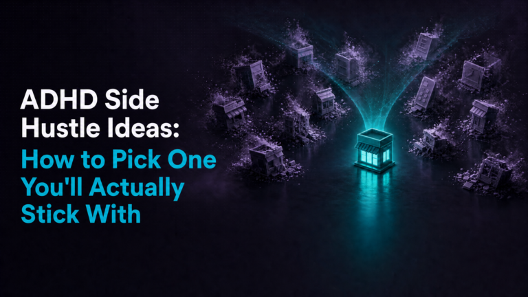Adhd Productivity Blog 39 ADHD side hustle ideas -- one glowing storefront stands lit among abandoned businesses, representing finally picking one idea and sticking with it