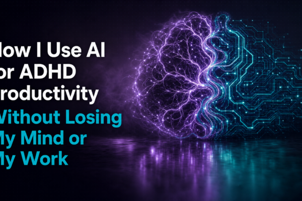 AI for ADHD productivity -- a digital brain split between chaotic neural energy and structured circuit pathways, representing AI as external executive function
