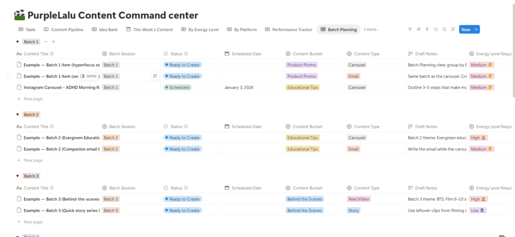 Content planning table with batches