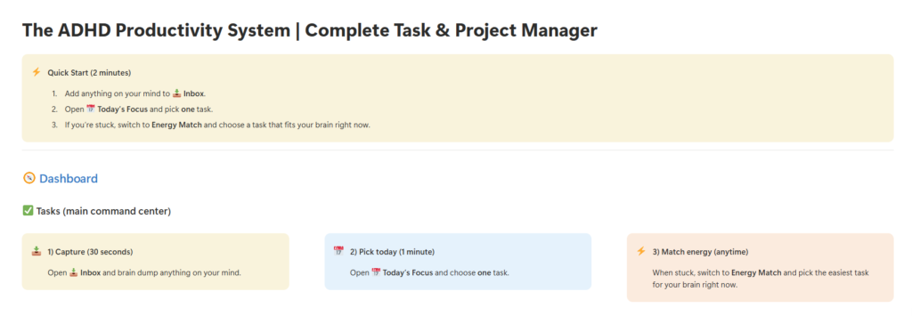 ADHD productivity system dashboard