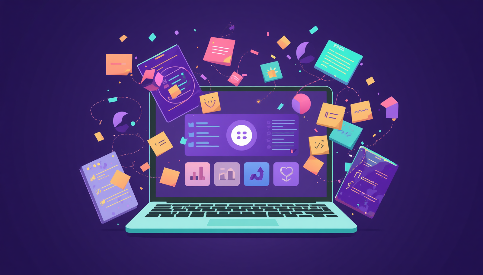 Creative digital design elements surrounding laptop