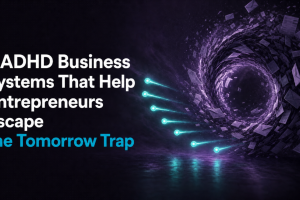 ADHD business systems that help entrepreneurs escape the tomorrow trap -- dark vortex with glowing teal escape points and scattered documents