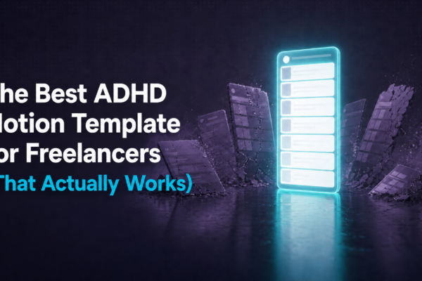 A glowing teal Notion template panel standing upright surrounded by crumbling dark broken templates on a purple-lit floor -- representing the best ADHD Notion template for freelancers that actually survives real use