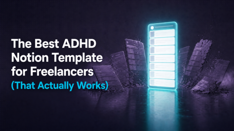 Adhd Productivity Blog 35 A glowing teal Notion template panel standing upright surrounded by crumbling dark broken templates on a purple-lit floor -- representing the best ADHD Notion template for freelancers that actually survives real use