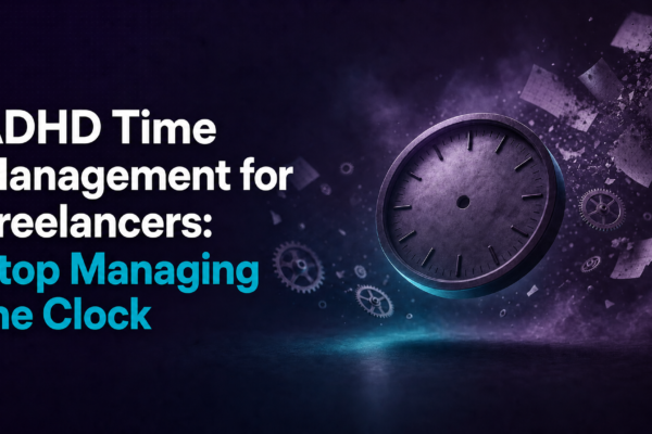 ADHD time management for freelancers -- shattering clock face and mechanical gears on a dark purple background