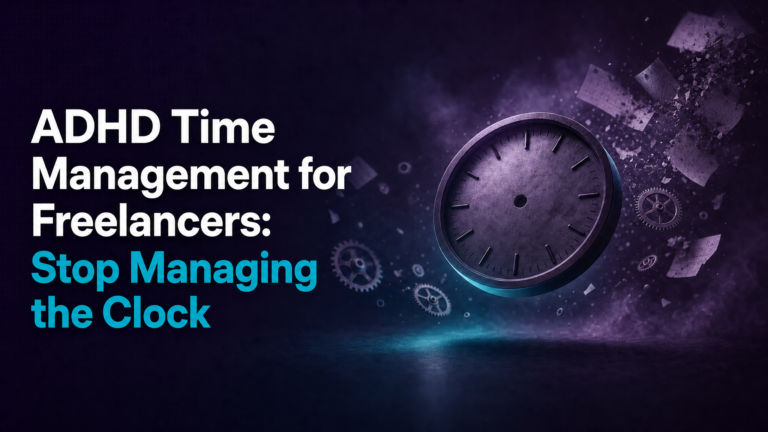 Adhd Productivity Blog 33 ADHD time management for freelancers -- shattering clock face and mechanical gears on a dark purple background