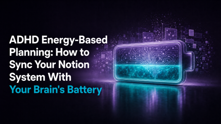 Adhd Productivity Blog 23 ADHD energy-based planning Notion -- glowing circuit board battery in purple and teal representing ADHD brain energy levels