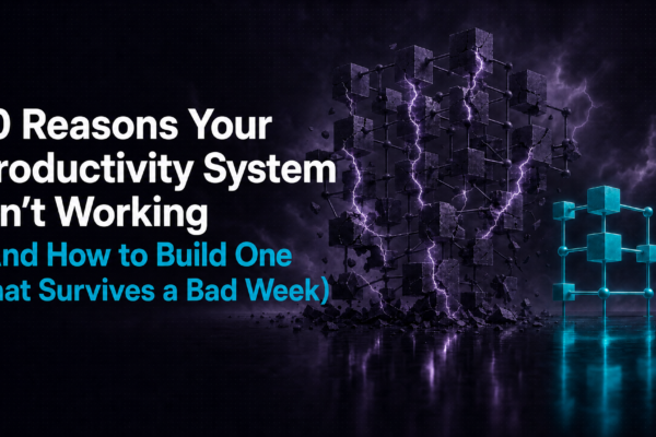 A crumbling dark cube structure struck by purple lightning next to a small intact teal geometric framework -- representing a rigid ADHD productivity system falling apart versus a flexible system built to survive