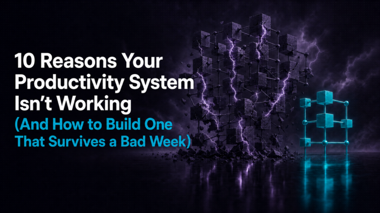 Adhd Productivity Blog 30 A crumbling dark cube structure struck by purple lightning next to a small intact teal geometric framework -- representing a rigid ADHD productivity system falling apart versus a flexible system built to survive