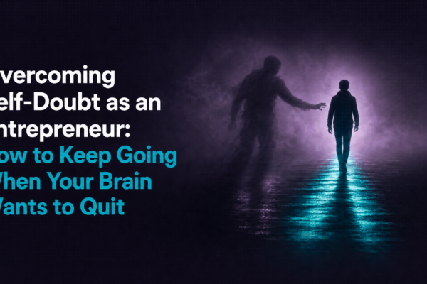 A lone entrepreneur walking forward on a teal-lit path while a shadowy figure of self-doubt reaches out from behind -- visual metaphor for overcoming self-doubt as an entrepreneur and choosing to keep moving anyway