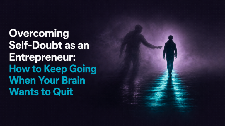 Adhd Productivity Blog 31 A lone entrepreneur walking forward on a teal-lit path while a shadowy figure of self-doubt reaches out from behind -- visual metaphor for overcoming self-doubt as an entrepreneur and choosing to keep moving anyway