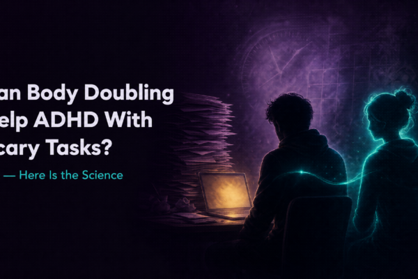 Silhouetted person at a laptop facing a towering stack of overwhelming papers, with a glowing teal body double figure appearing beside them — visualizing how body doubling can help ADHD tackle scary tasks