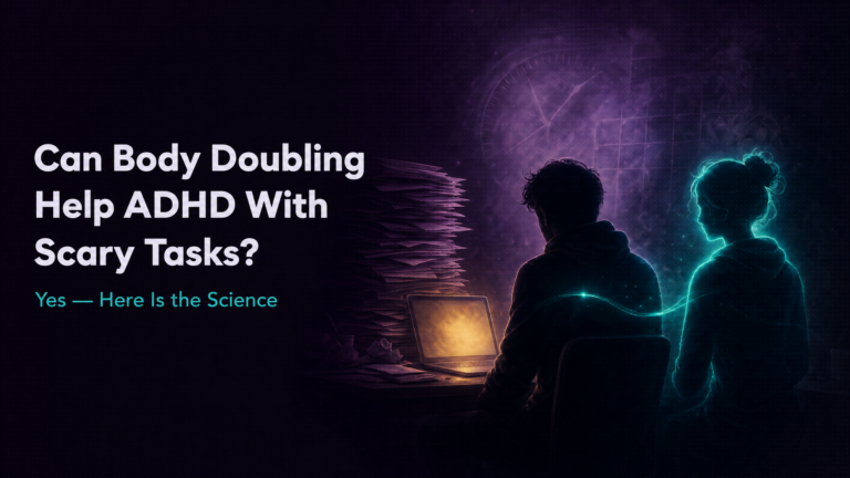 Adhd Productivity Blog 29 Silhouetted person at a laptop facing a towering stack of overwhelming papers, with a glowing teal body double figure appearing beside them — visualizing how body doubling can help ADHD tackle scary tasks