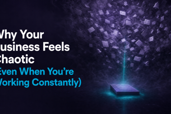 business feels chaotic -- emails, notifications, and task lists exploding from a glowing platform representing mental overload and clarity loss