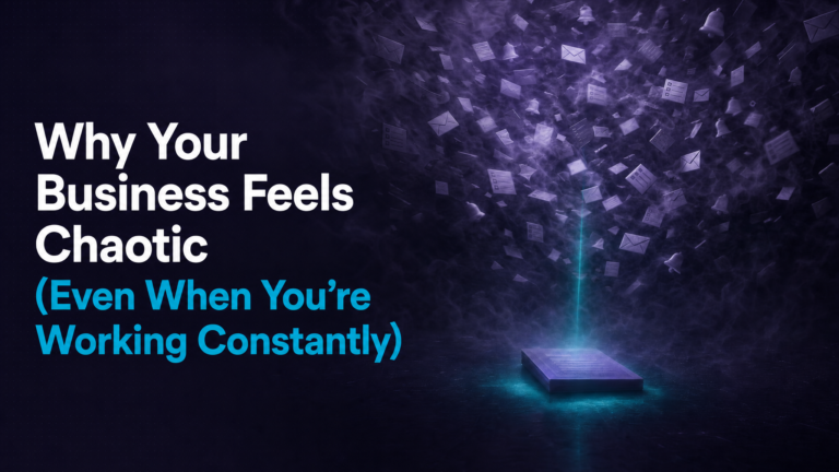 Adhd Productivity Blog 32 business feels chaotic -- emails, notifications, and task lists exploding from a glowing platform representing mental overload and clarity loss