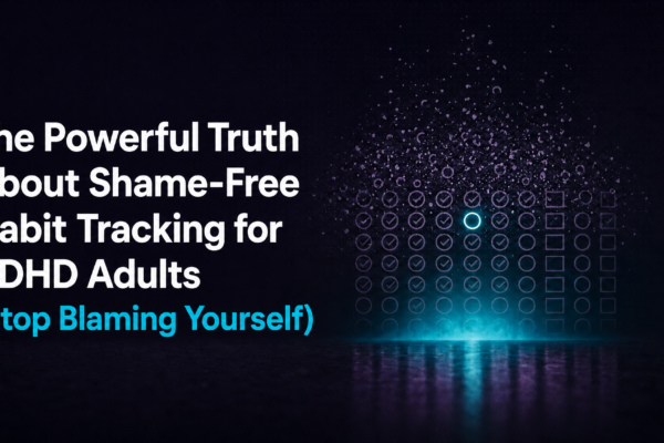 shame-free habit tracking for ADHD adults -- glowing grid of checkboxes dissolving into particles, representing releasing streak pressure