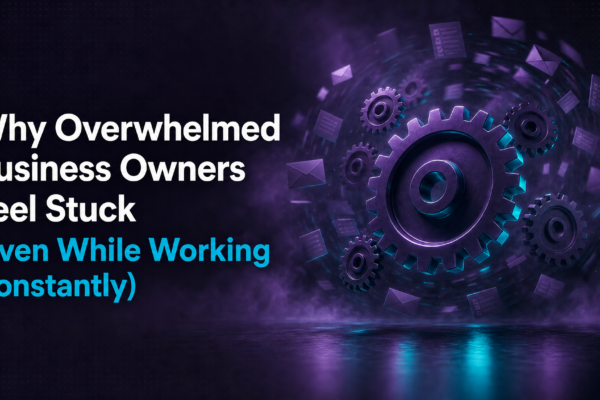Overwhelmed business owner -- glowing purple gears tangled with floating documents representing mental overload and being stuck despite constant work