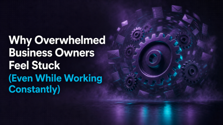 Adhd Productivity Blog 17 Overwhelmed business owner -- glowing purple gears tangled with floating documents representing mental overload and being stuck despite constant work