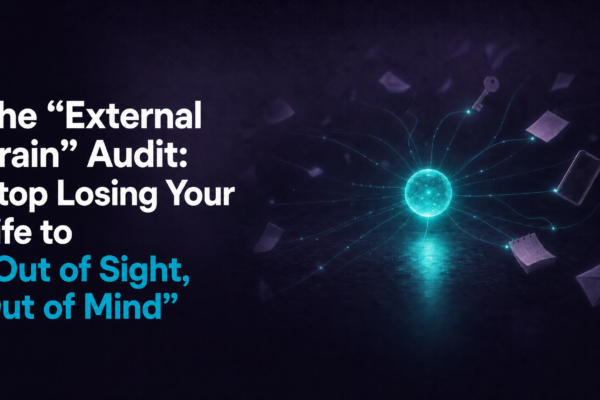 Glowing teal neural orb connecting to floating everyday objects representing an ADHD organization system -- external brain audit for ADHD working memory and executive dysfunction
