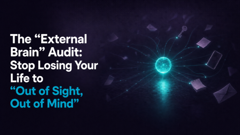 Adhd Productivity Blog 14 Glowing teal neural orb connecting to floating everyday objects representing an ADHD organization system -- external brain audit for ADHD working memory and executive dysfunction