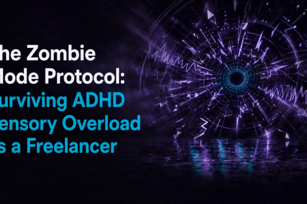 Dark purple background with a glowing fractured radial burst pattern representing an overwhelmed ADHD brain during sensory overload -- title text reads The Zombie Mode Protocol Surviving ADHD Sensory Overload as a Freelancer