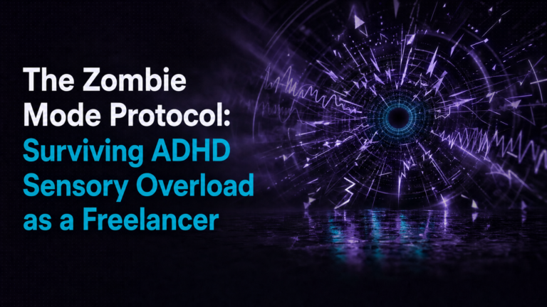 Adhd Productivity Blog 13 Dark purple background with a glowing fractured radial burst pattern representing an overwhelmed ADHD brain during sensory overload -- title text reads The Zombie Mode Protocol Surviving ADHD Sensory Overload as a Freelancer