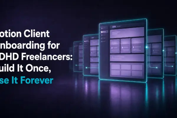 Glowing teal and purple Notion dashboard panels stacked in perspective on a dark background representing a Notion client onboarding portal system built for ADHD freelancers