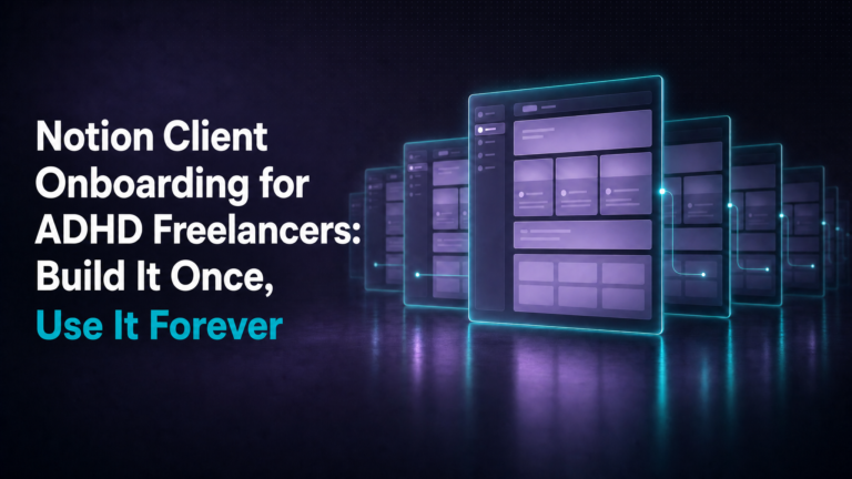 Adhd Productivity Blog 12 Glowing teal and purple Notion dashboard panels stacked in perspective on a dark background representing a Notion client onboarding portal system built for ADHD freelancers