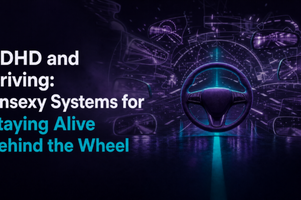 A glowing teal steering wheel floating in a dark purple digital environment surrounded by mirror reflections and circuit-like road lines -- representing ADHD and driving focus systems