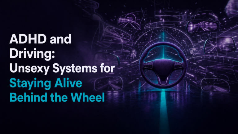 Adhd Productivity Blog 10 A glowing teal steering wheel floating in a dark purple digital environment surrounded by mirror reflections and circuit-like road lines -- representing ADHD and driving focus systems