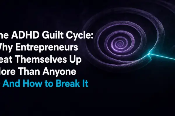 Dark spiral vortex in purple and teal on a black background representing the ADHD guilt cycle -- a glowing teal beam breaks through the outer ring, illustrating how to escape the shame and procrastination loop