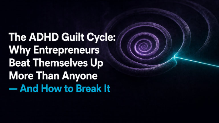 Adhd Productivity Blog 11 Dark spiral vortex in purple and teal on a black background representing the ADHD guilt cycle -- a glowing teal beam breaks through the outer ring, illustrating how to escape the shame and procrastination loop