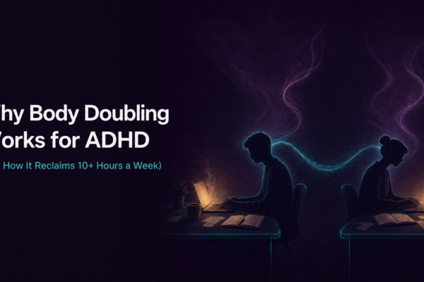 Two silhouetted figures working at separate laptops with a glowing teal and purple energy wave flowing between them — visualizing why body doubling works for ADHD at a neurological level