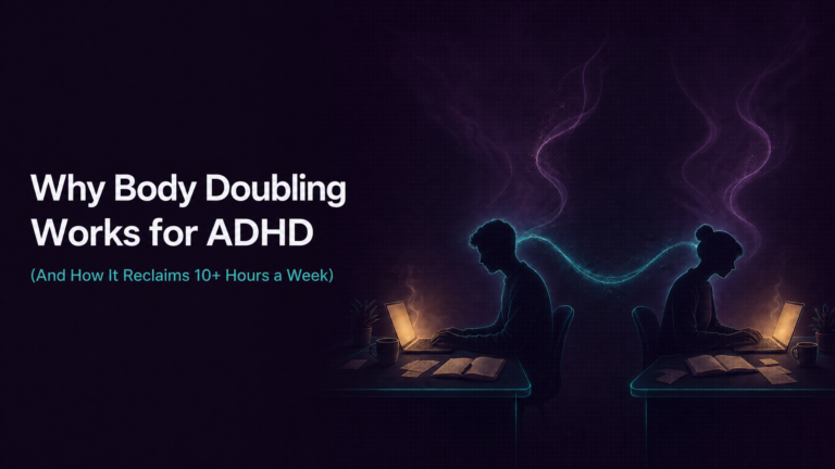 Adhd Productivity Blog 18 Two silhouetted figures working at separate laptops with a glowing teal and purple energy wave flowing between them — visualizing why body doubling works for ADHD at a neurological level
