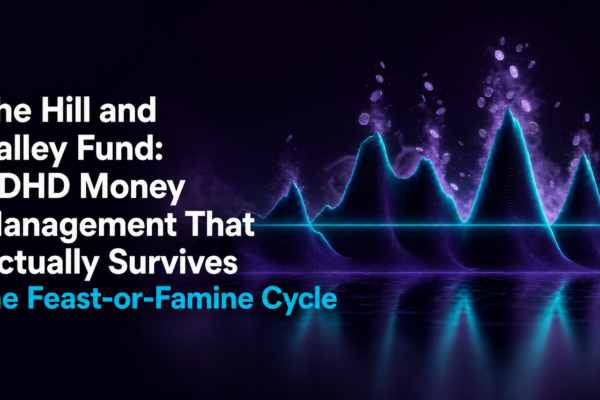 Dark purple background with glowing teal and purple mountain peaks representing income highs and lows, illustrating ADHD money management and the Hill and Valley Fund concept