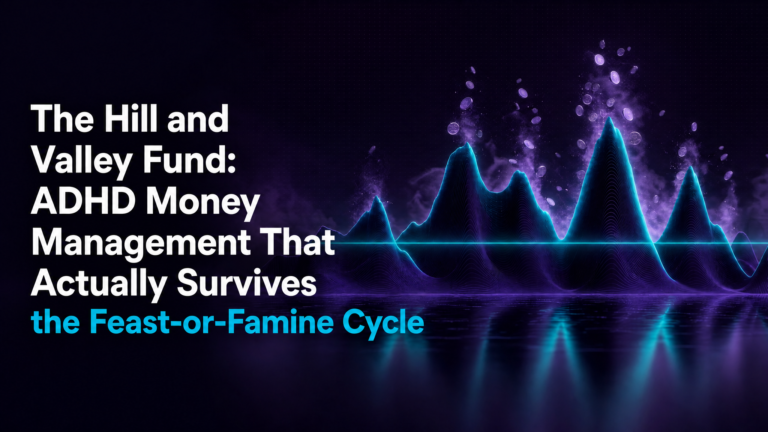 Adhd Productivity Blog 20 Dark purple background with glowing teal and purple mountain peaks representing income highs and lows, illustrating ADHD money management and the Hill and Valley Fund concept