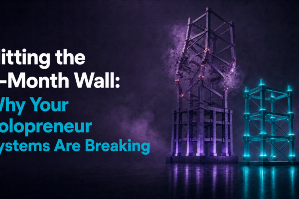 Teal line breaking through a purple brick wall into a green arrow, symbolizing breaking past the 6-month solopreneur business wall